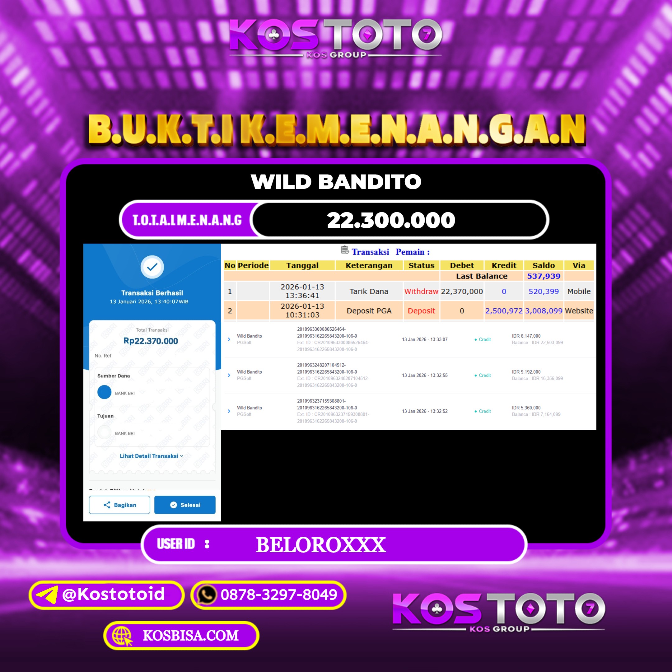 KOSTOTO JACKPOT SLOT WILD BANDITO RP.22.300.000,- LUNAS USER ID : BELORO***