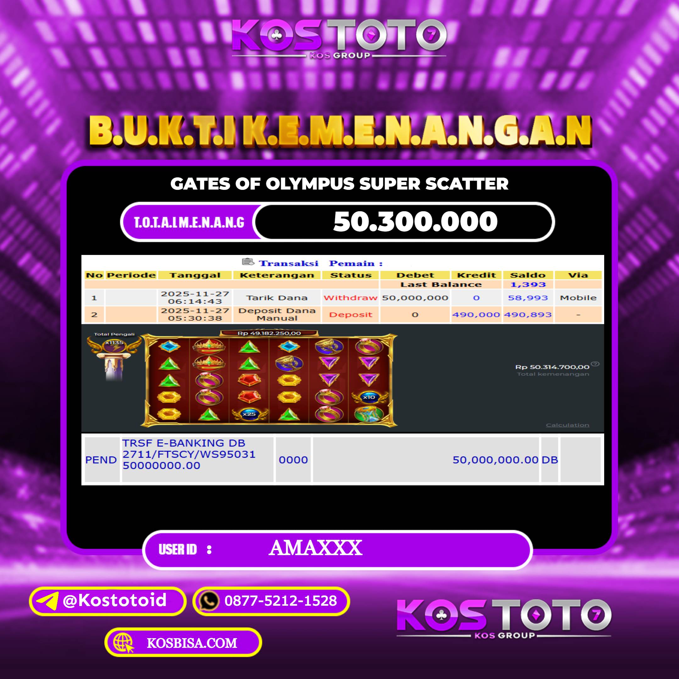 KOSTOTO JACKPOT SLOT GATES OF OLYMPUS SUPER SCATTER  RP.50.300.000,- LUNAS USER ID : AMA***	