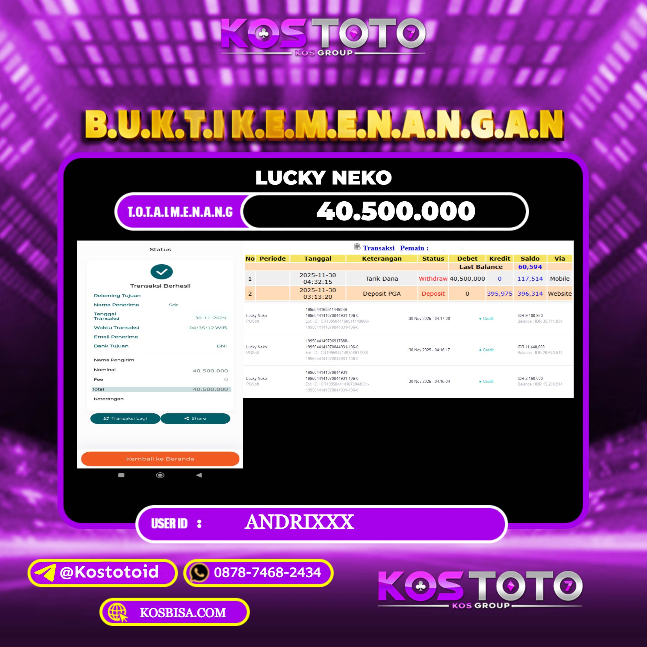 KOSTOTO JACKPOT SLOT LUCKY NEKO RP.40.500.000,- LUNAS USER ID : ANDRI***	