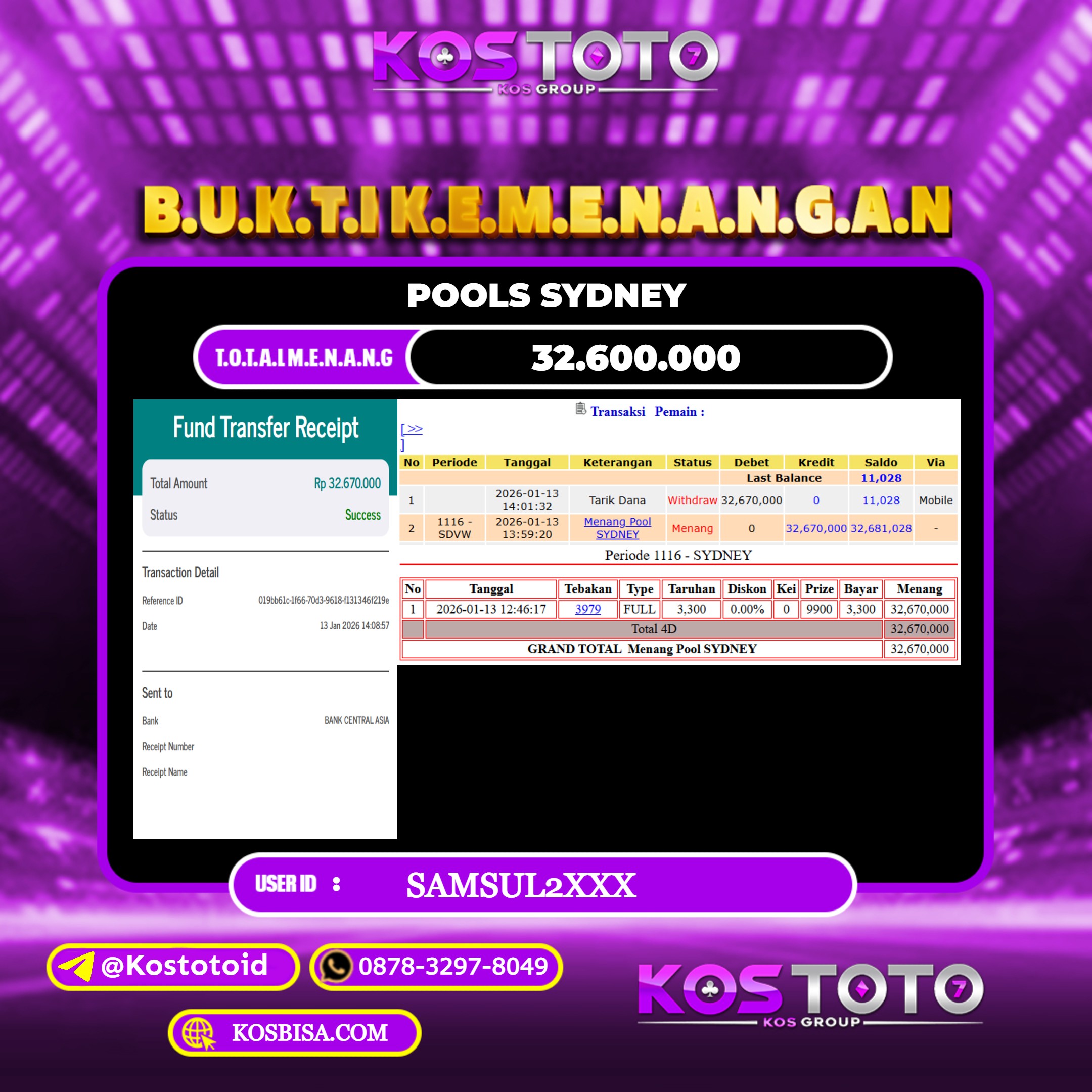 KOSTOTO JACKPOT TOGEL SYDNEY Rp.32.600.000,- LUNAS USER ID : SAMSUL2***