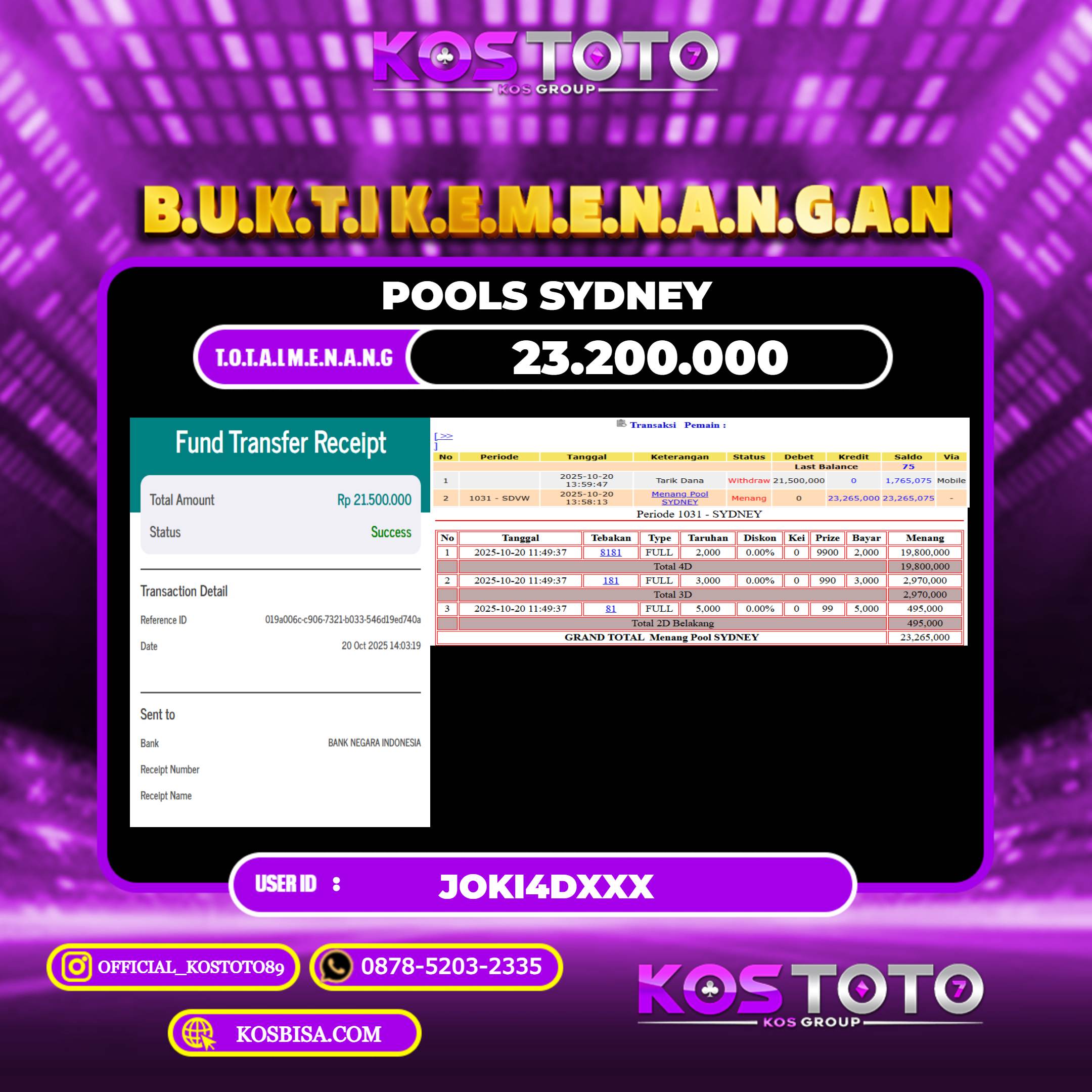 KOSTOTO JACKPOT TOGEL SYDNEY RP.23.200.000,- LUNAS USER ID : JOKI4D***	