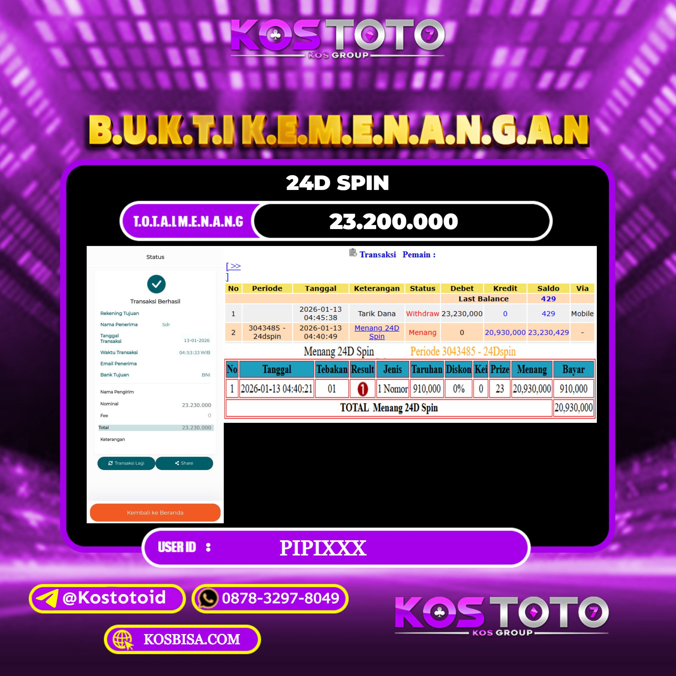 KOSTOTO JACKPOT CASINO 24D SPIN Rp.23.200.000,- LUNAS USER ID : PIPI***