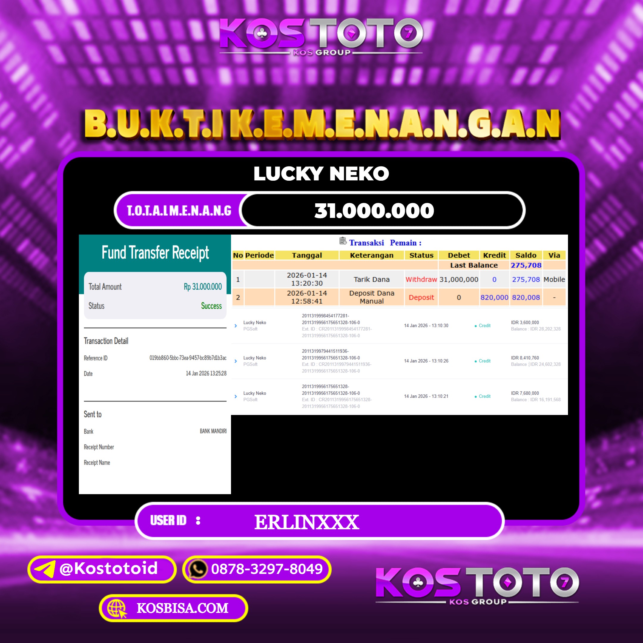 KOSTOTO JACKPOT SLOT LUCKY NEKO RP.31.000.000,- LUNAS USER ID : ERLIN***