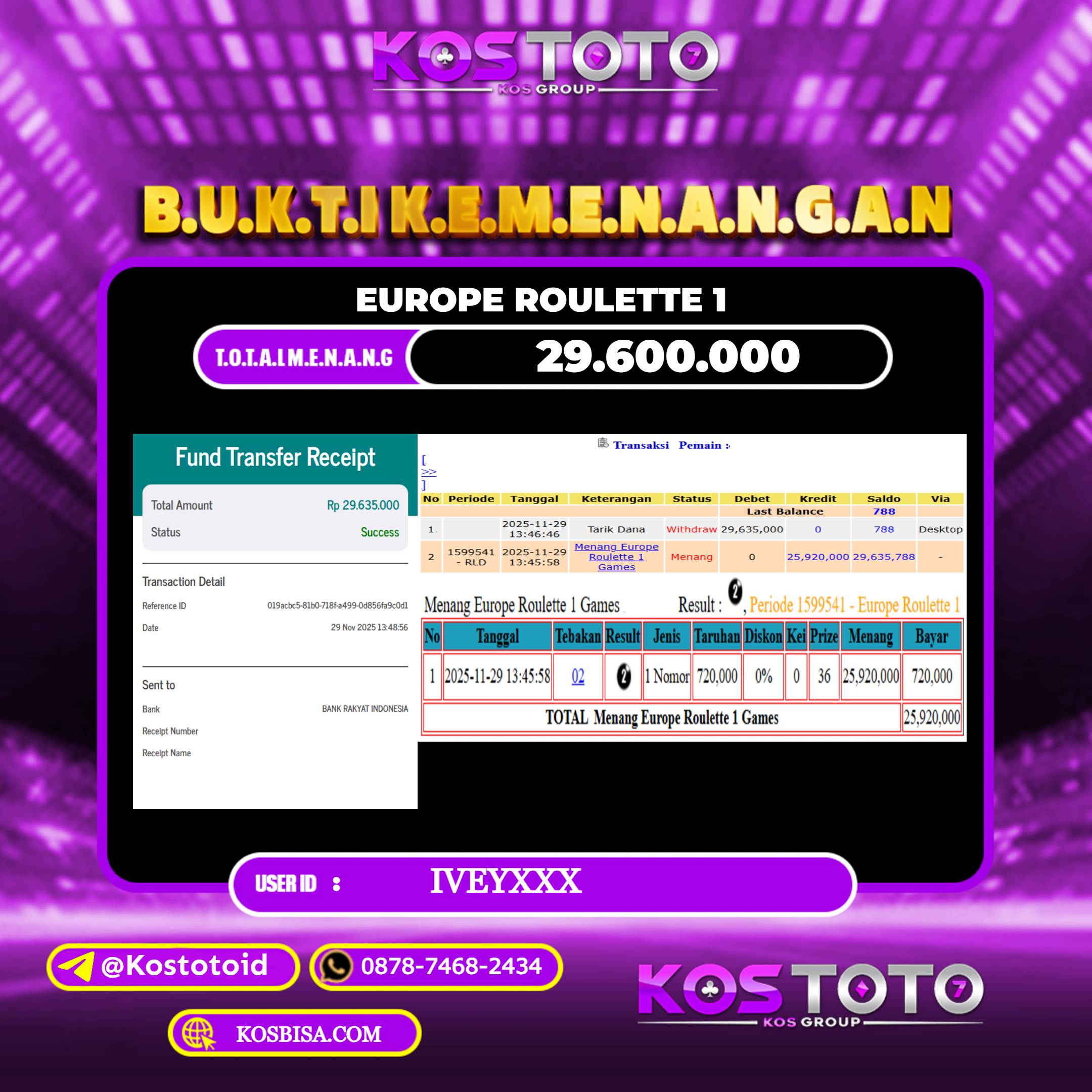 KOSTOTO JACKPOT CASINO ECUROPE ROULETTE 1 RP.29.600.000,- LUNAS USER ID : IVE***	