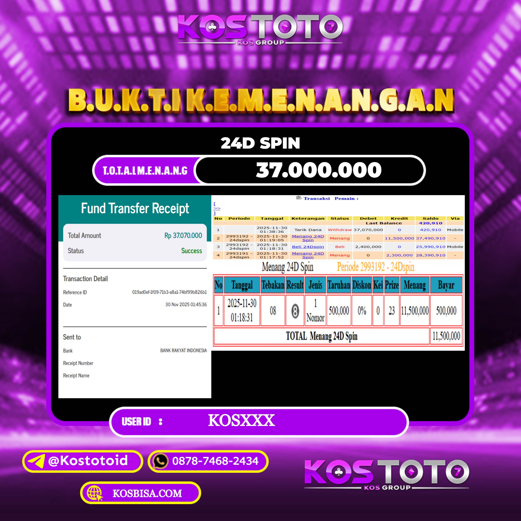 KOSTOTO JACKPOT CASINO 24D SPIN RP.37.000.000,- LUNAS USER ID : KOS***	