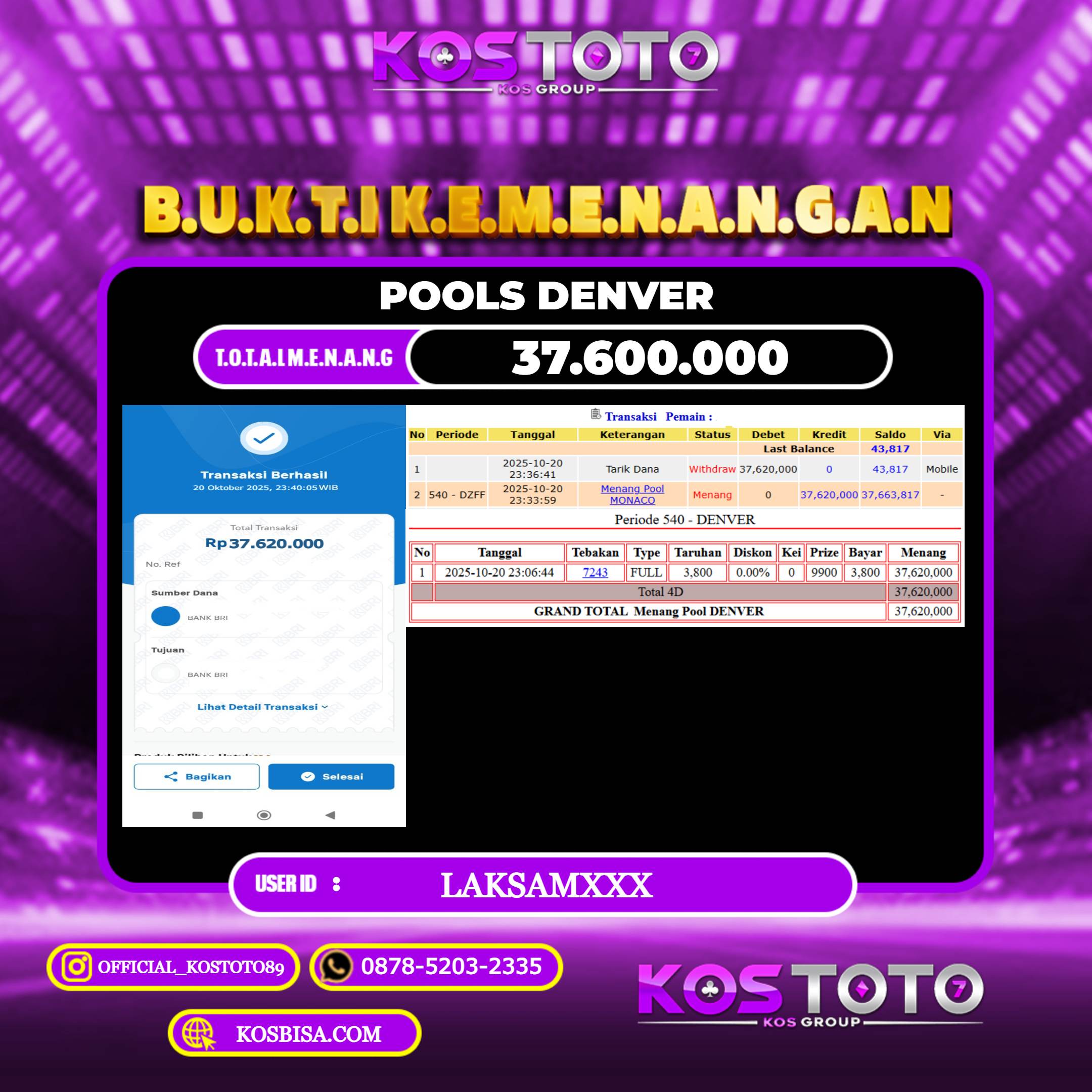 KOSTOTO JACKPOT TOGEL DENVER  RP.37.600.000,- LUNAS USER ID : LAKSAM***	