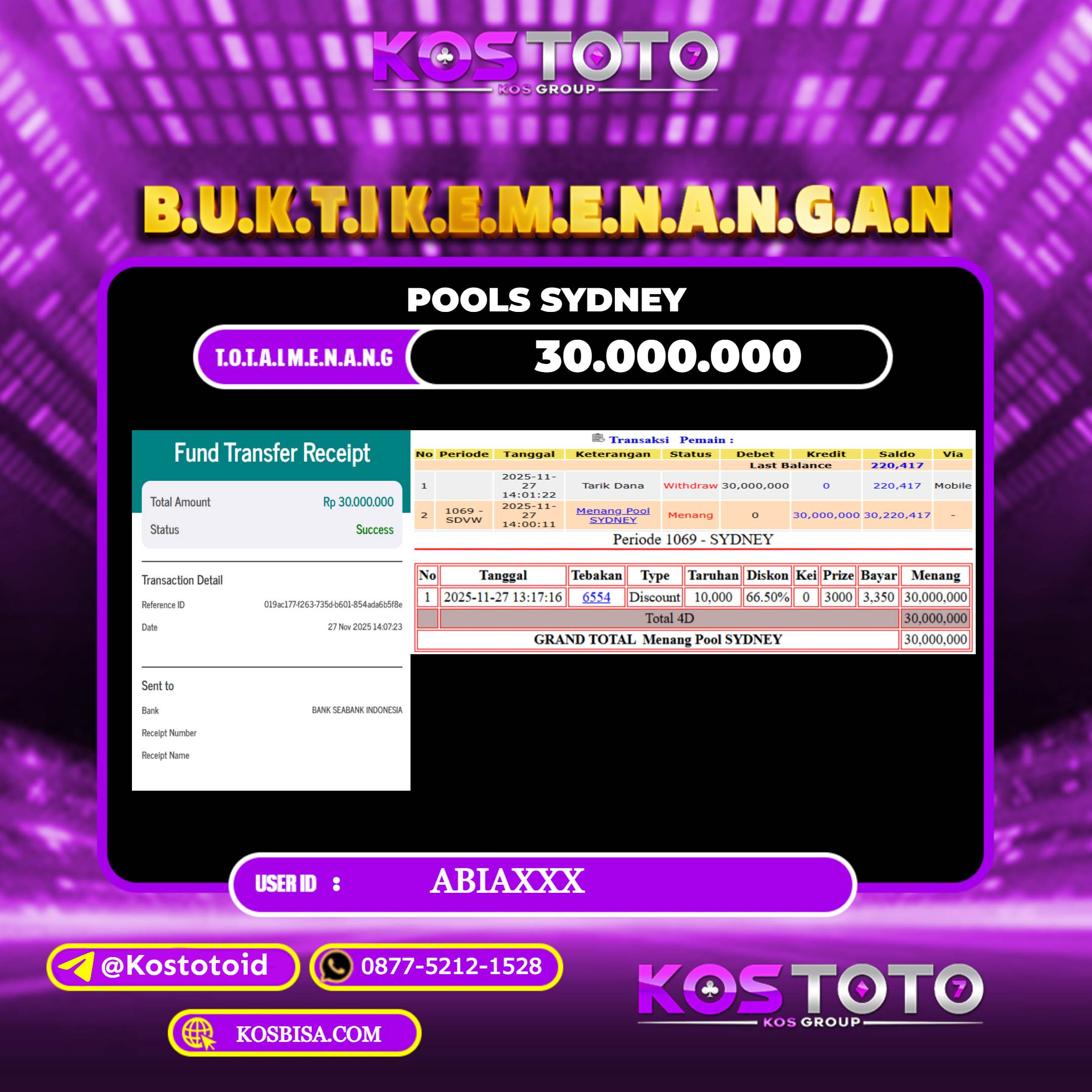 KOSTOTO JACKPOT TOGEL SYDNEY RP.30.000.000,- LUNAS USER ID : ABIA***	