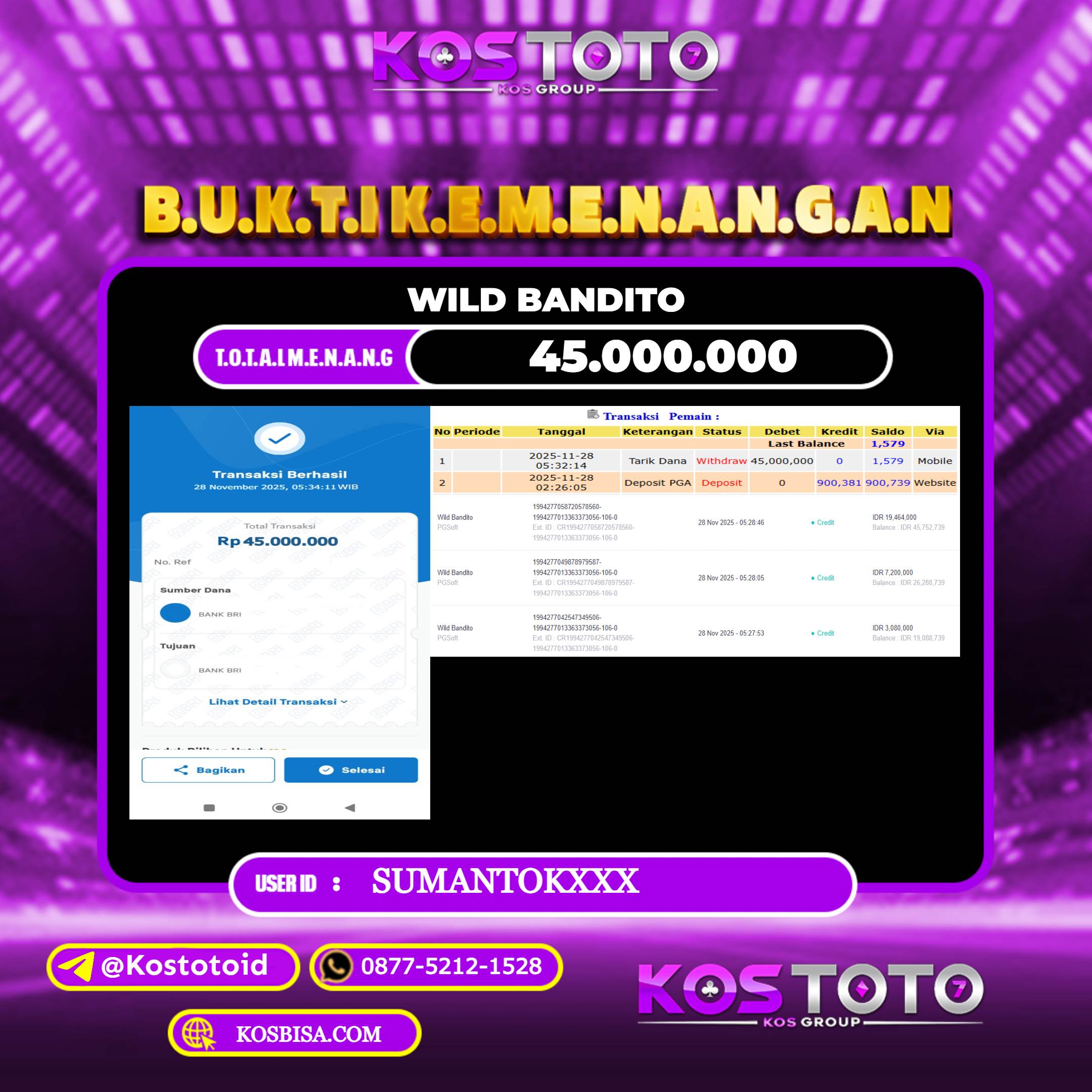 KOSTOTO JACKPOT SLOT WILD BANDITO RP.45.000.000,- LUNAS USER ID : SUMANTOK***	
