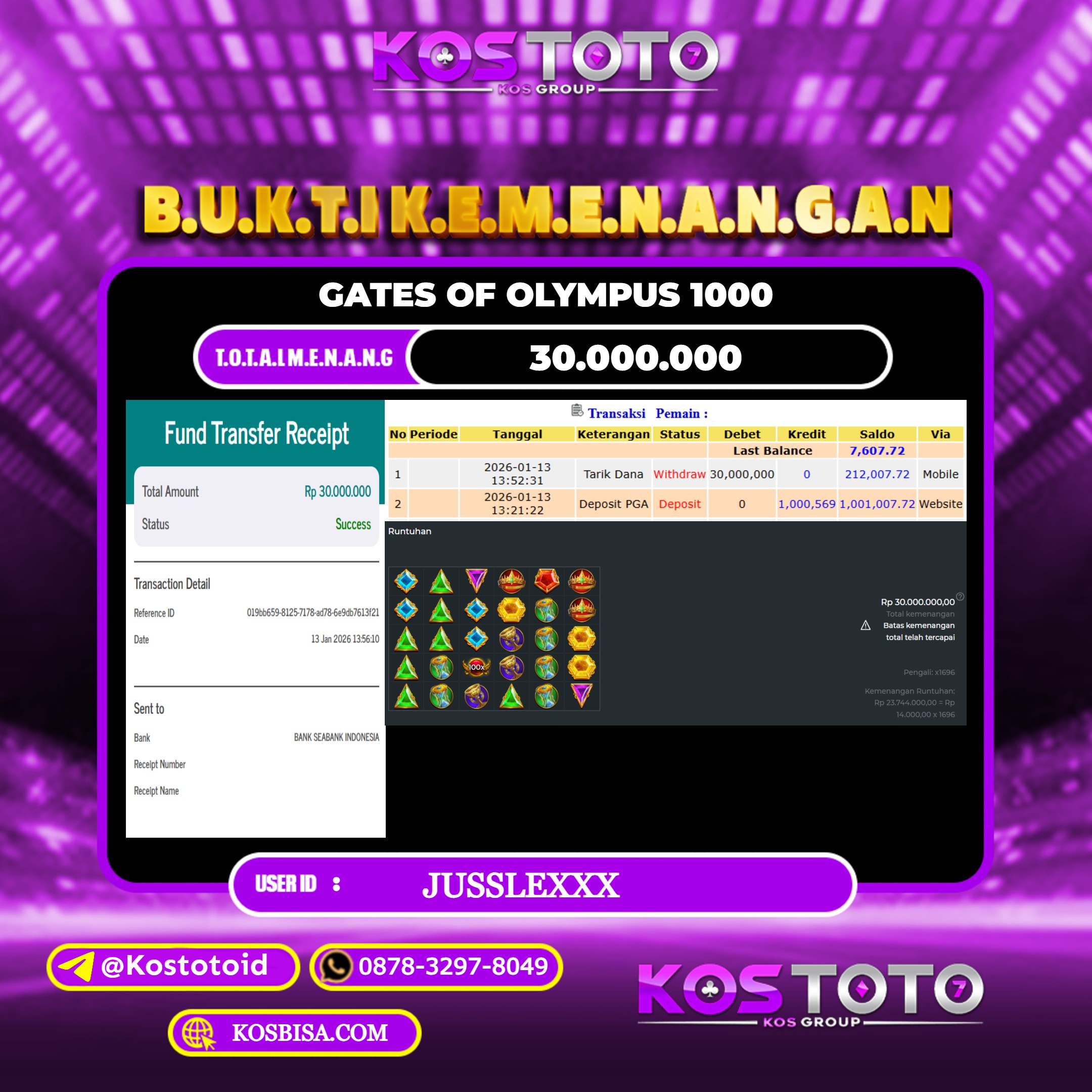 KOSTOTO JACKPOT SLOT GATES OF OLYMPUS 1000 RP.30.000.000,- LUNAS USER ID : JUSSLE***