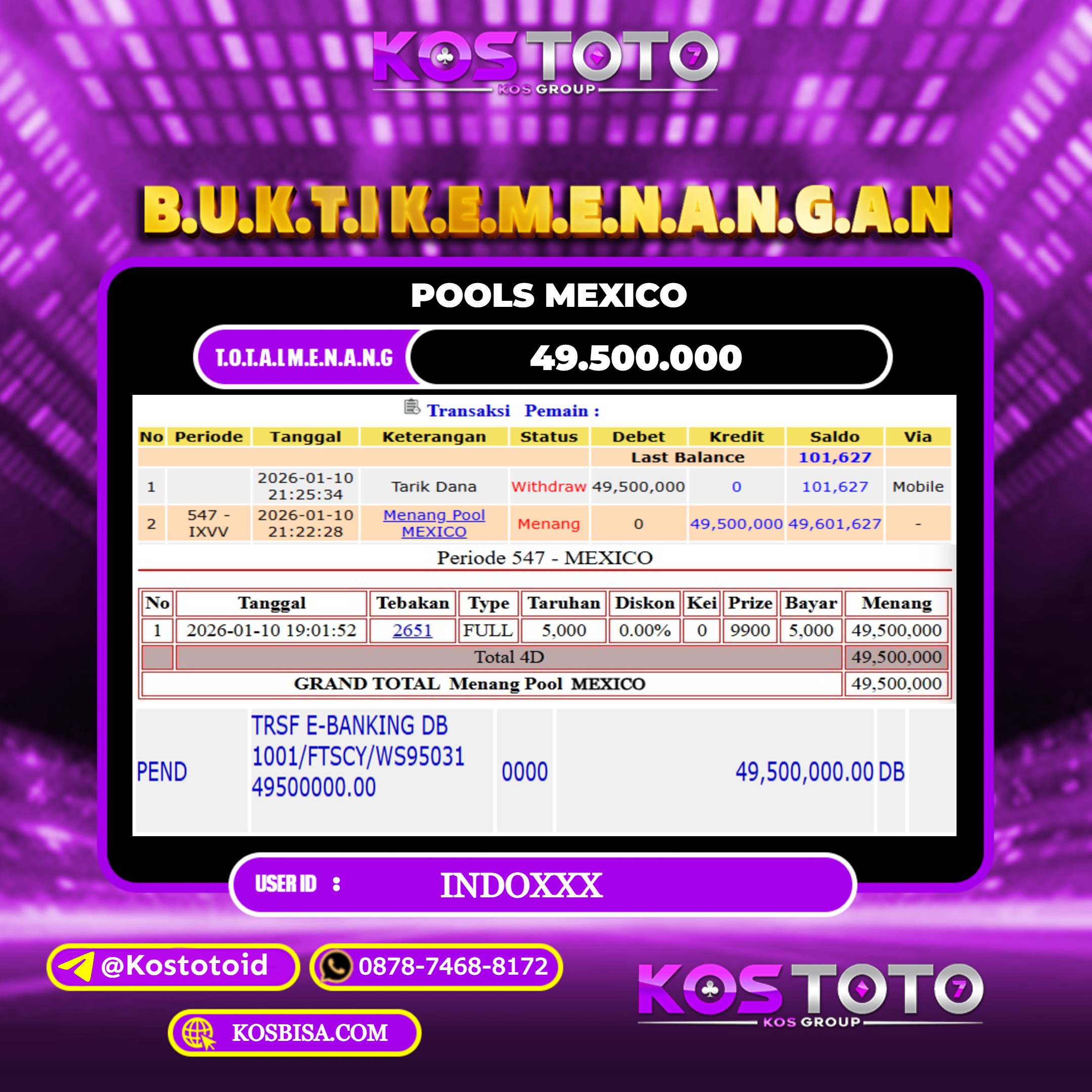 KOSTOTO JACKPOT TOGEL MEXICO Rp.49.500.000,- LUNAS USER ID : INDO***