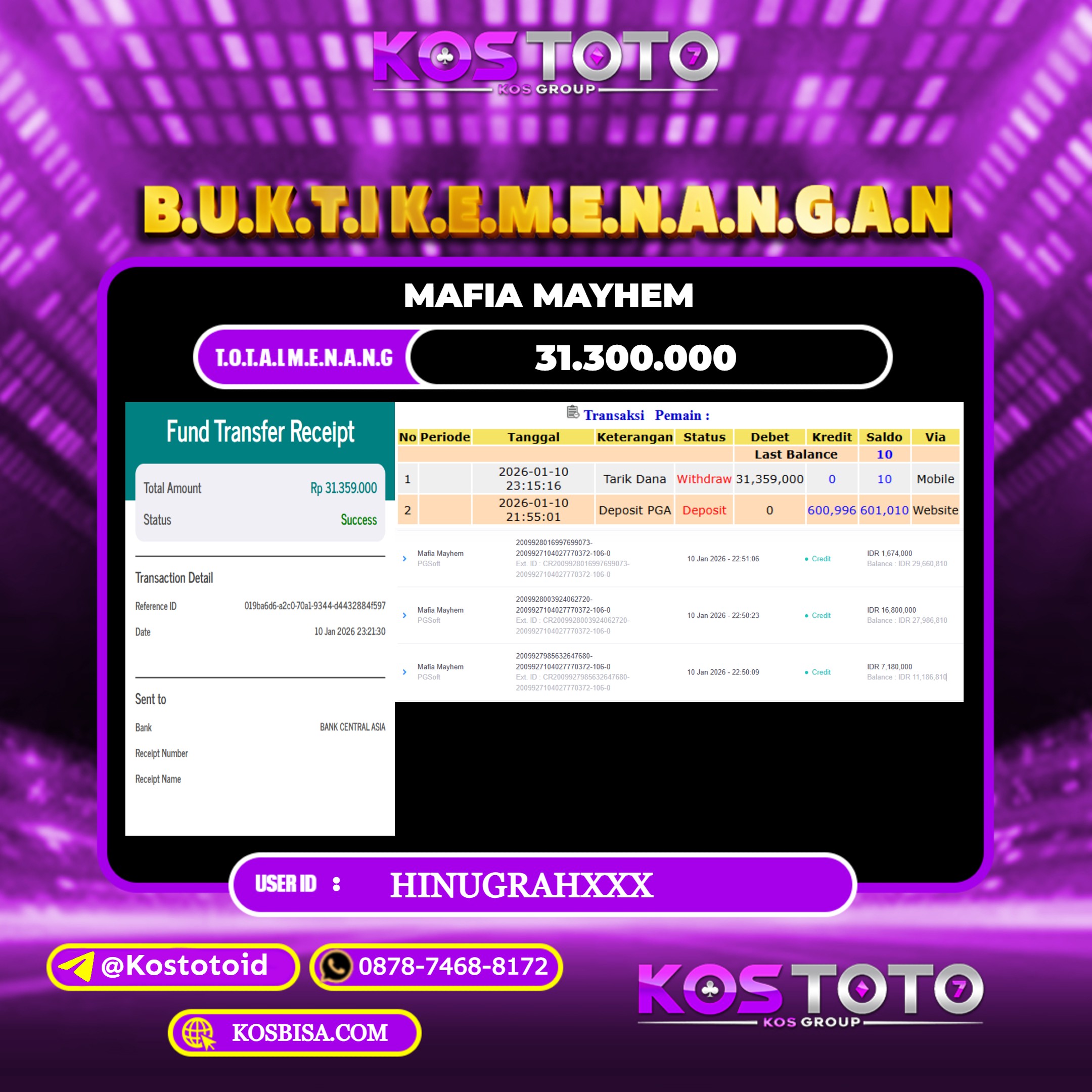 KOSTOTO JACKPOT SLOT MAFIA MAYHEM RP.31.300.000,- LUNAS USER ID : HINUGRAH***