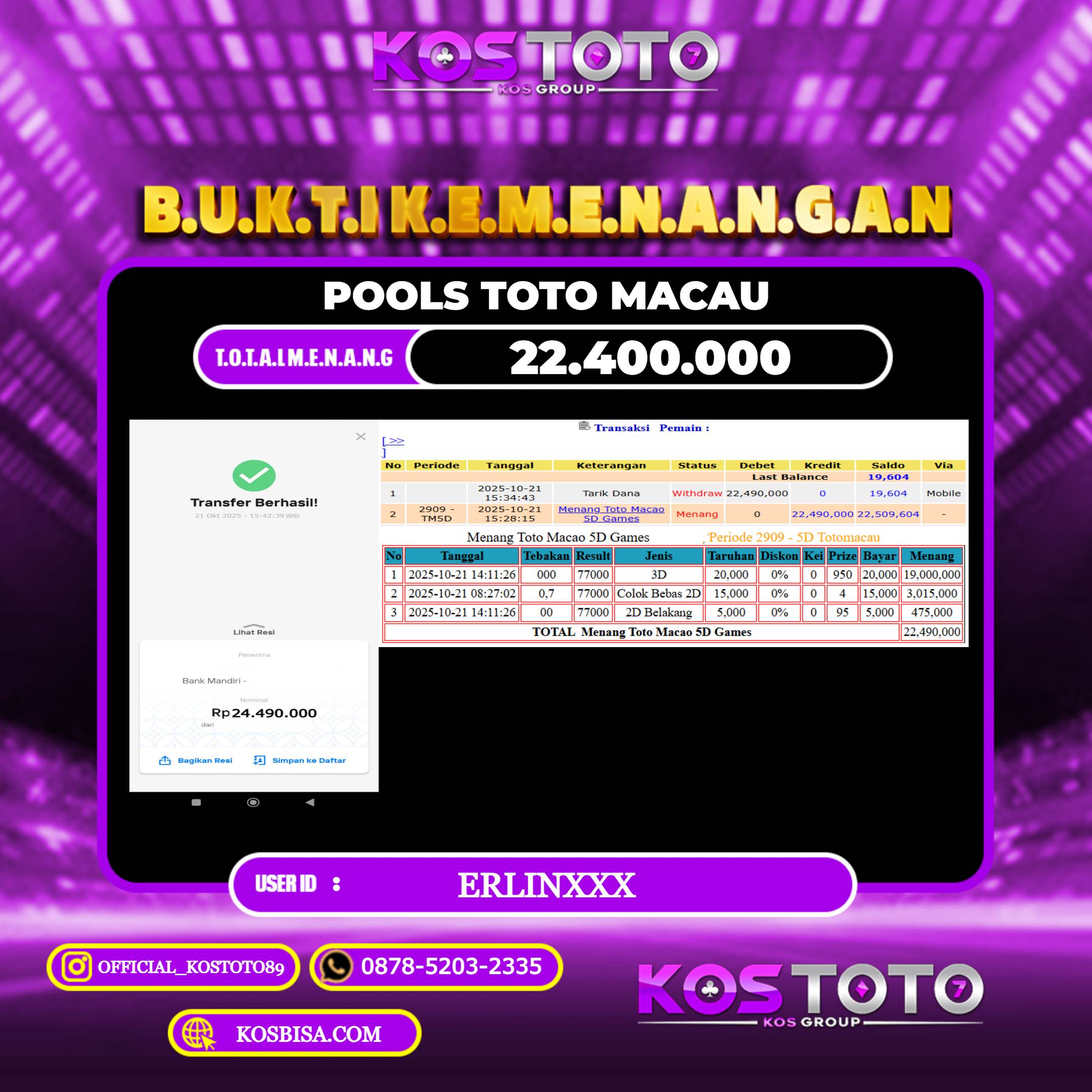KOSTOTO JACKPOT TOGEL TOTO MACAU RP.22.400.000,- LUNAS USER ID : ERLIN***	