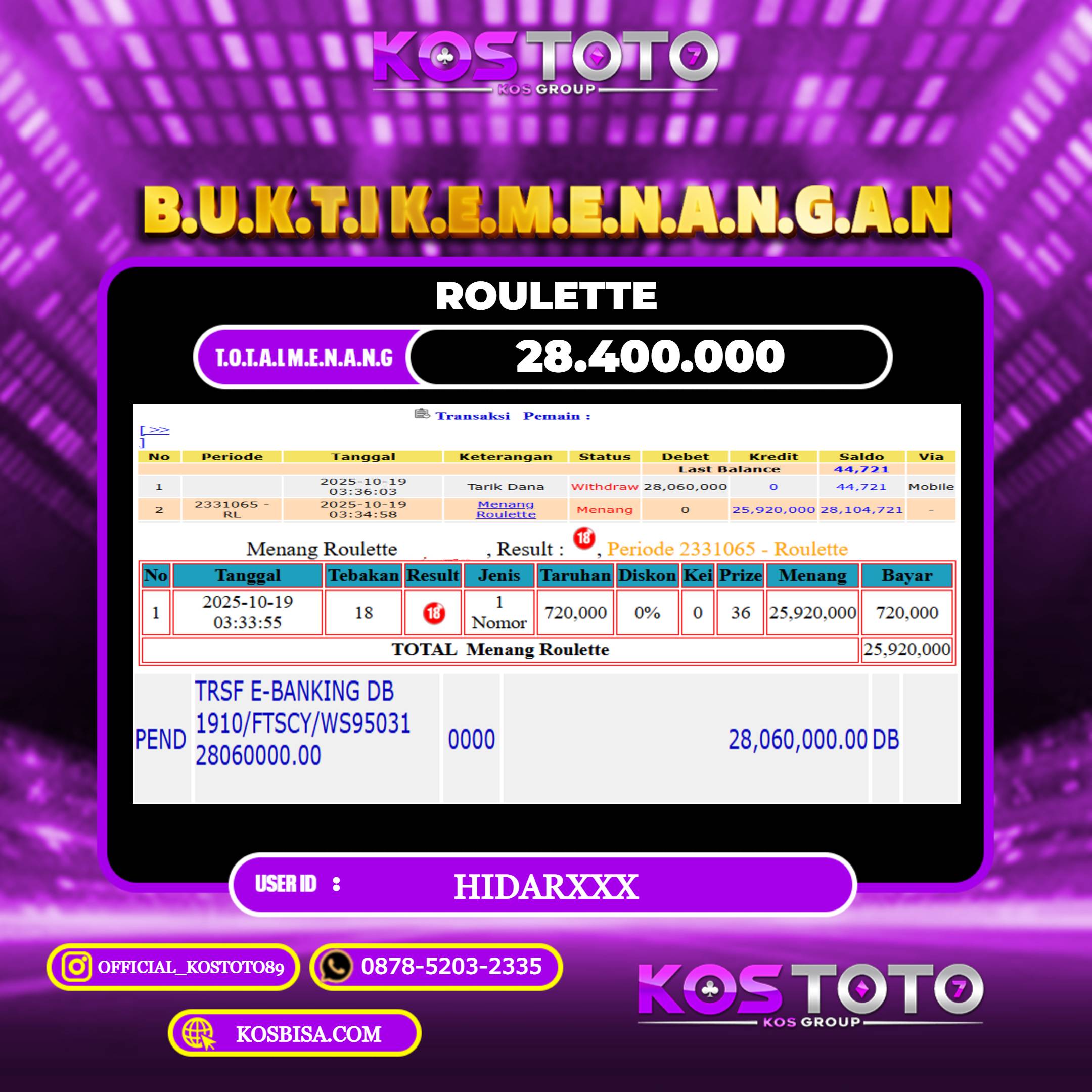KOSTOTO JACKPOT CASINO ROULETTE RP.28.400.000,- LUNAS USER ID : HIDAR***	
