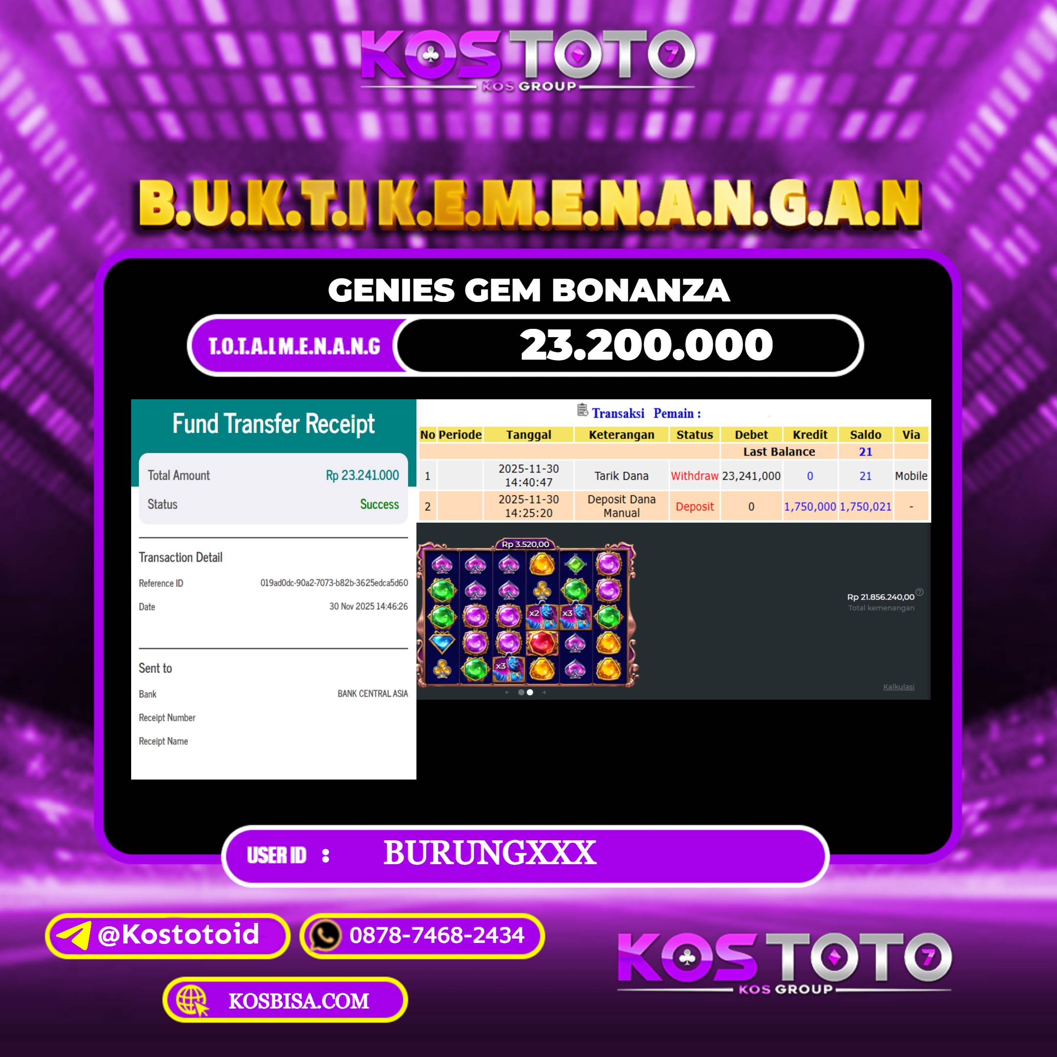 KOSTOTO JACKPOT SLOT GENIES GEM BONANZA RP.23.200.000,- LUNAS USER ID : BURUNG***	