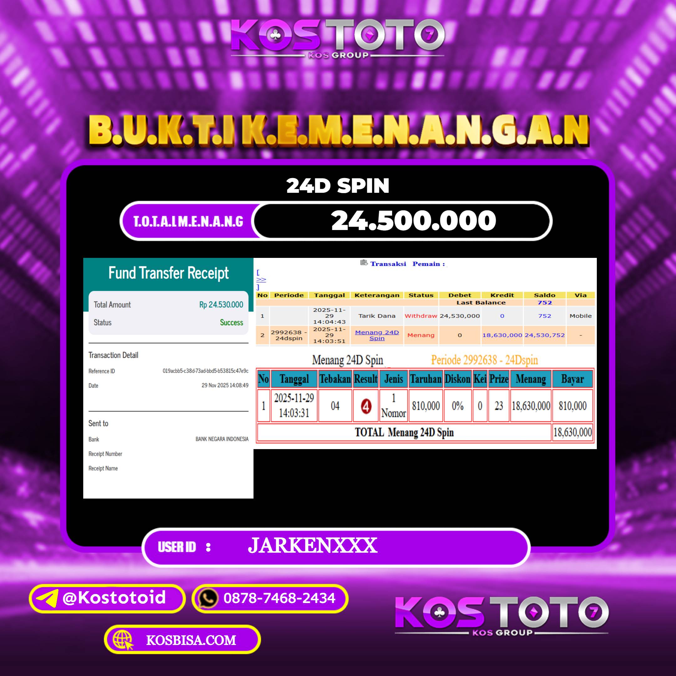 KOSTOTO JACKPOT CASINO 24D SPIN RP.24.500.000,- LUNAS USER ID : JARKEN***	