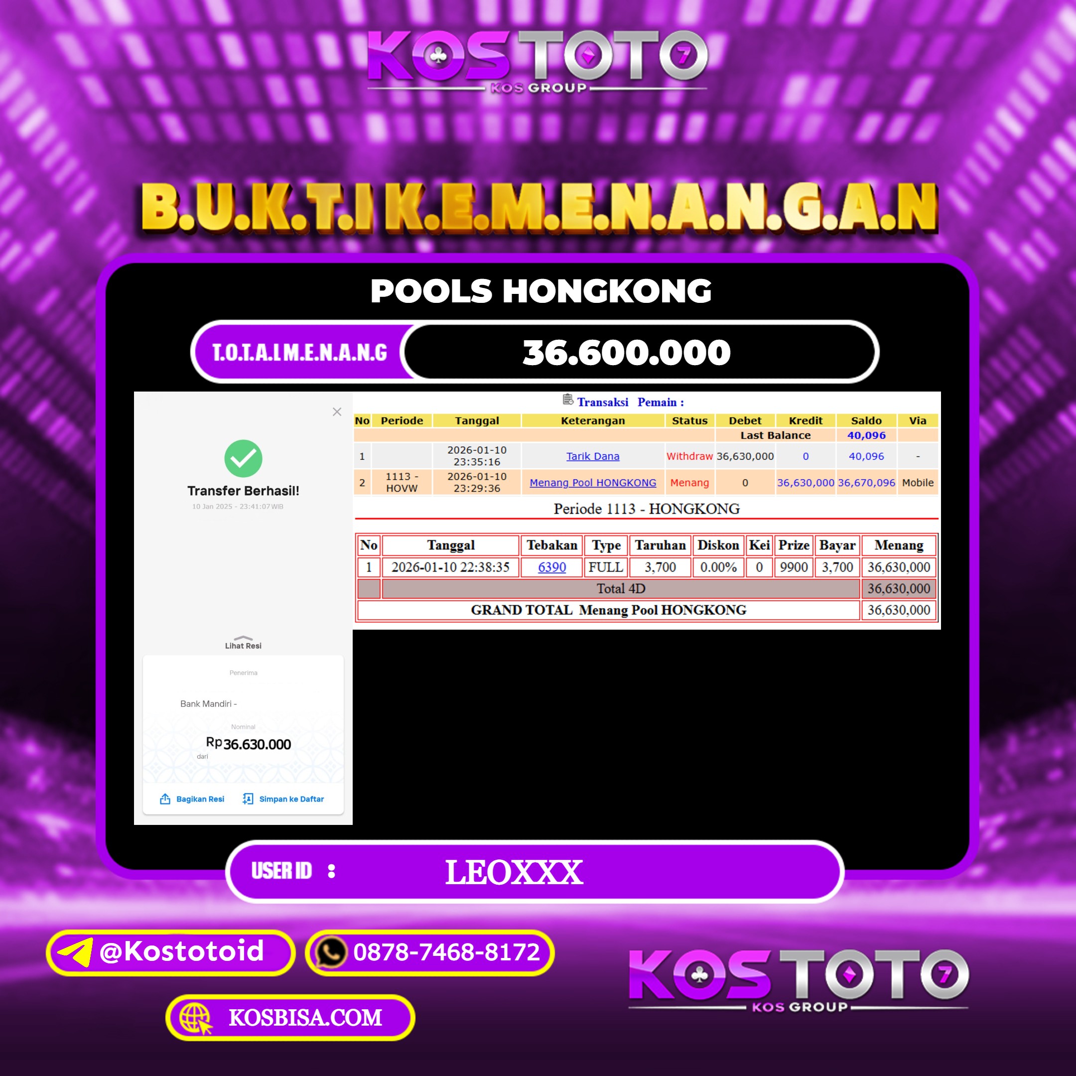 KOSTOTO JACKPOT TOGEL HONGKONG Rp.36.600.000,- LUNAS USER ID : LEO***