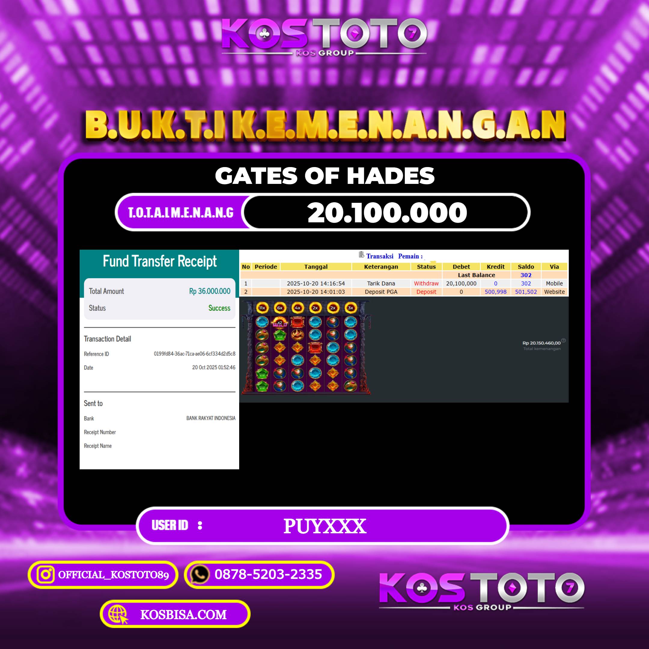 KOSTOTO JACKPOT SLOT GATES OF HADES RP.20.100.000,- LUNAS USER ID : PUY****	