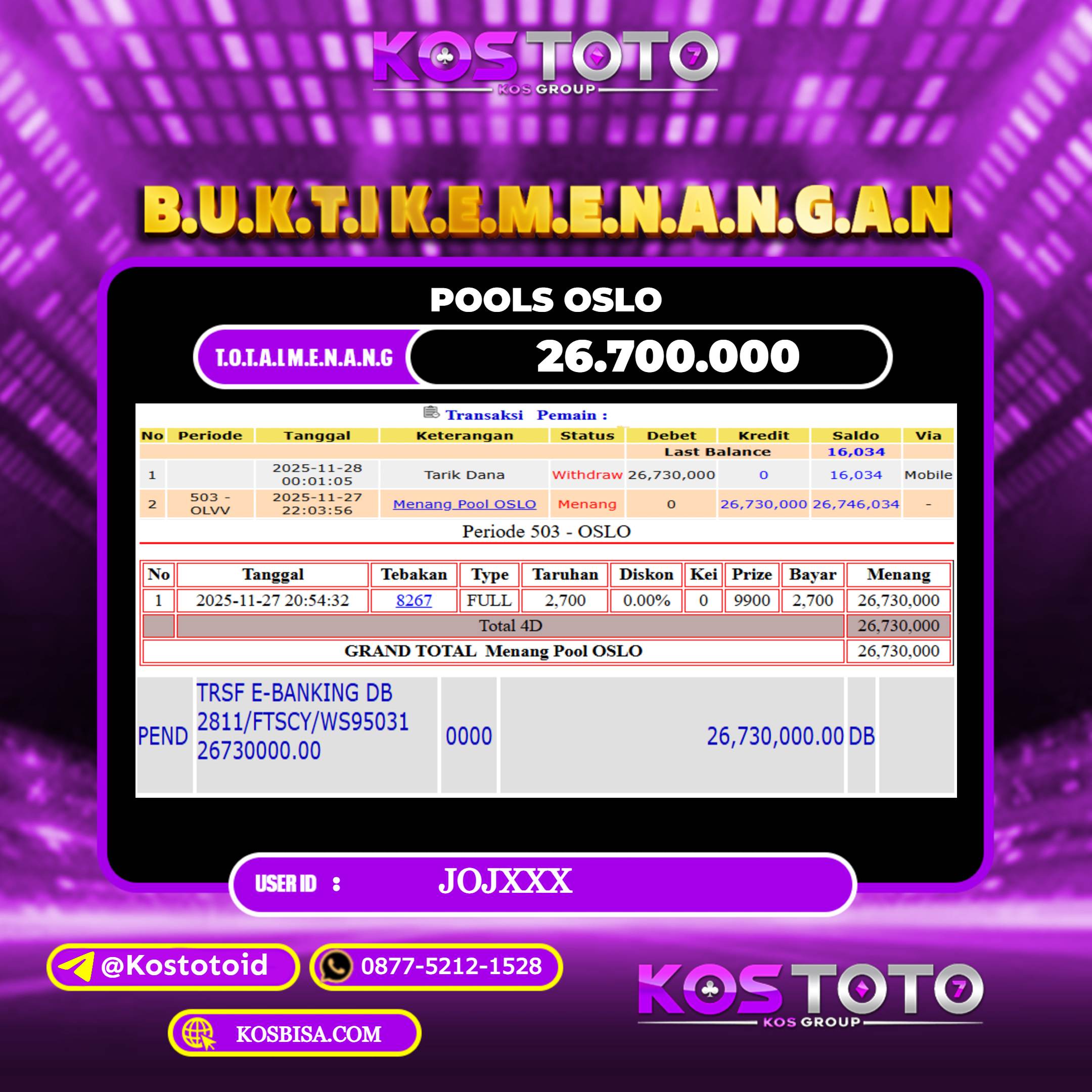 KOSTOTO JACKPOT TOGEL OSLO RP.26.700.000,- LUNAS USER ID : JOJ***	