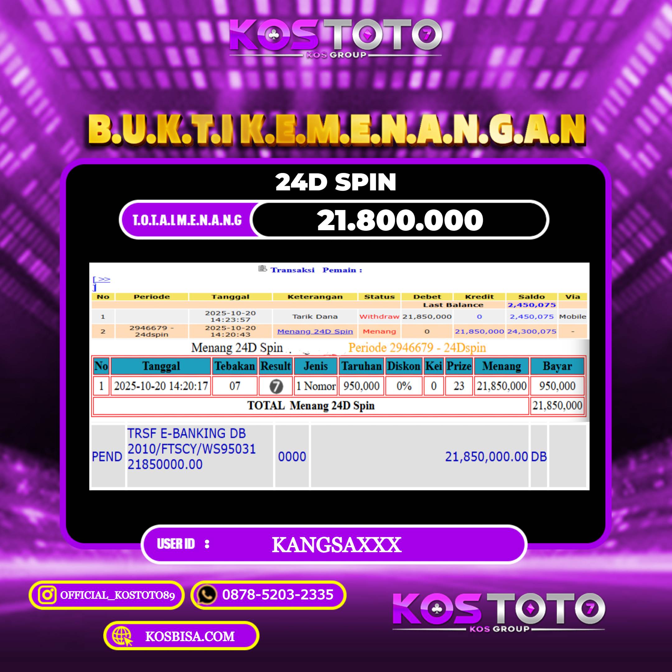 KOSTOTO JACKPOT CASINO 24D SPIN  RP.21.800.000,- LUNAS USER ID : KANGSA***	
