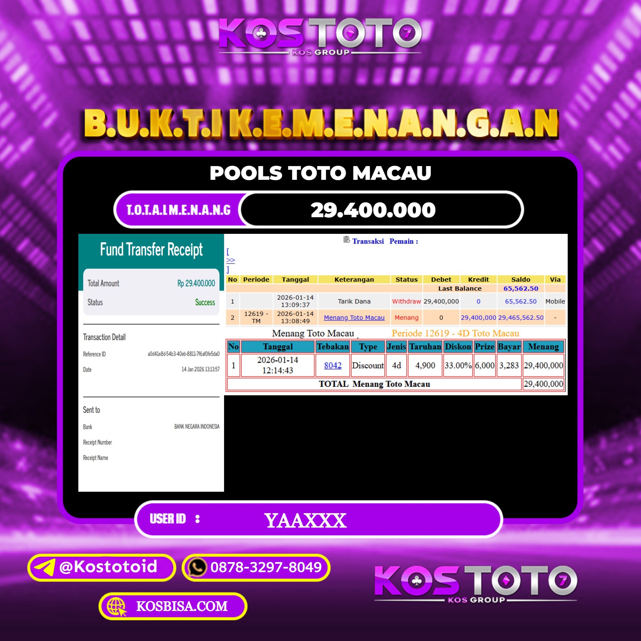 KOSTOTO JACKPOT TOGEL TOTO MACAU Rp.29.400.000,- LUNAS USER ID : YAA***
