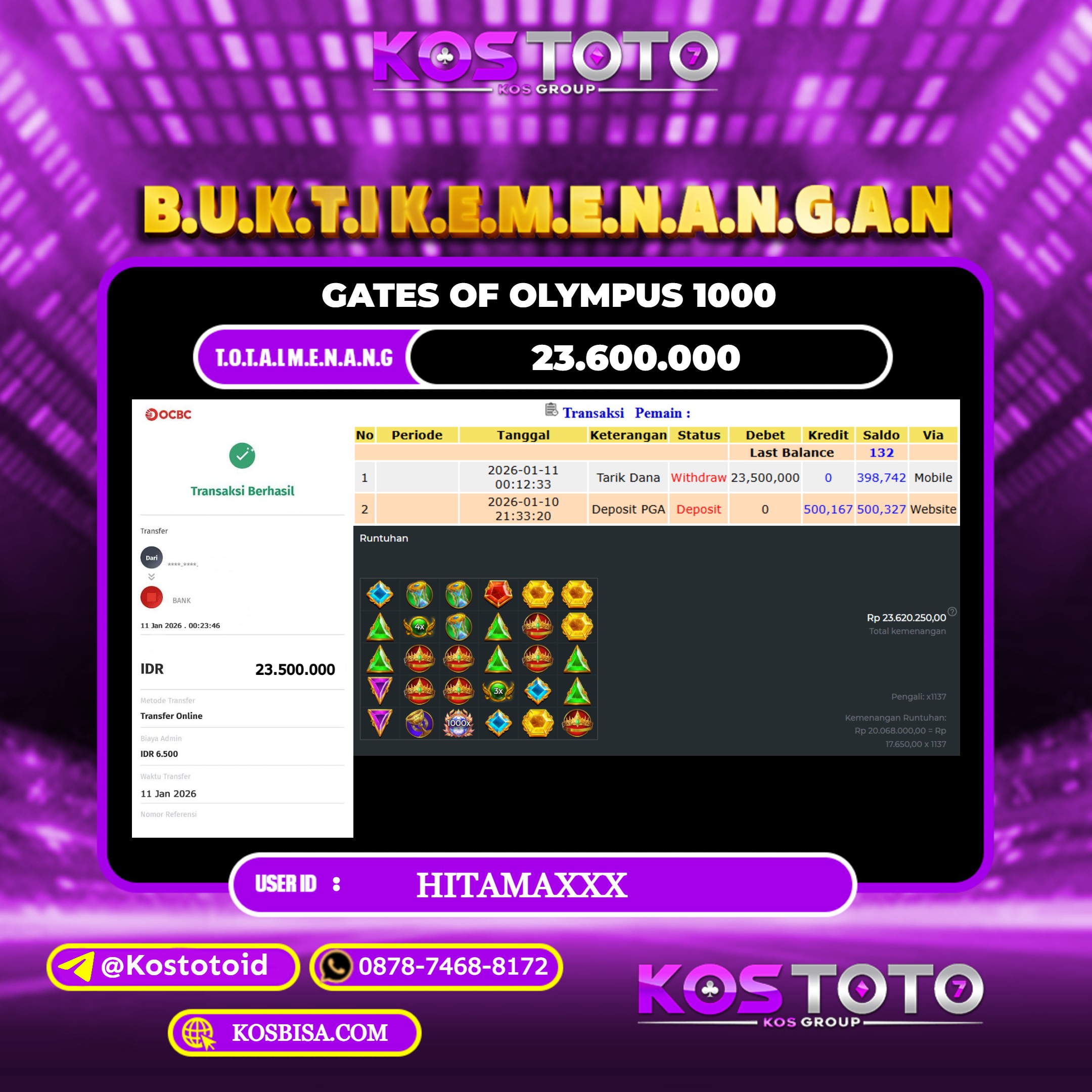 KOSTOTO JACKPOT SLOT GATES OF OLYMPUS 1000 RP.23.600.000,- LUNAS USER ID : HITAMA***
