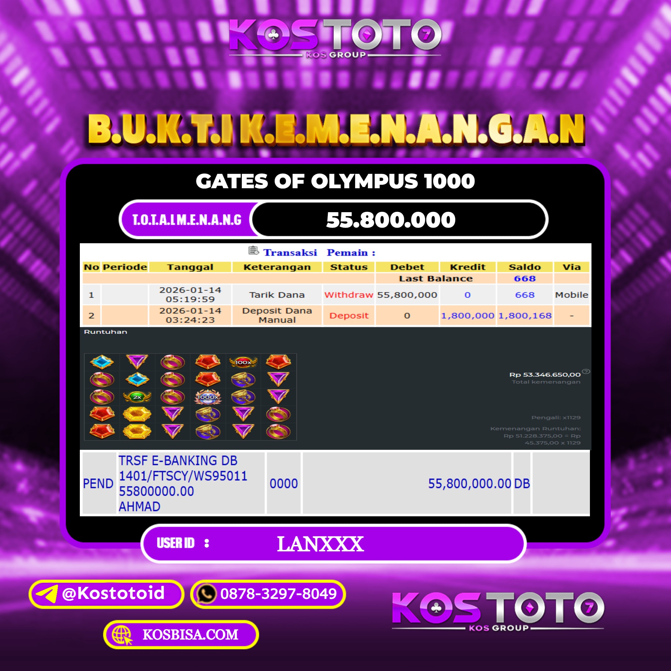 KOSTOTO JACKPOT SLOT GATES OF OLYMPUS 1000 RP.55.800.000,- LUNAS USER ID : LAN***