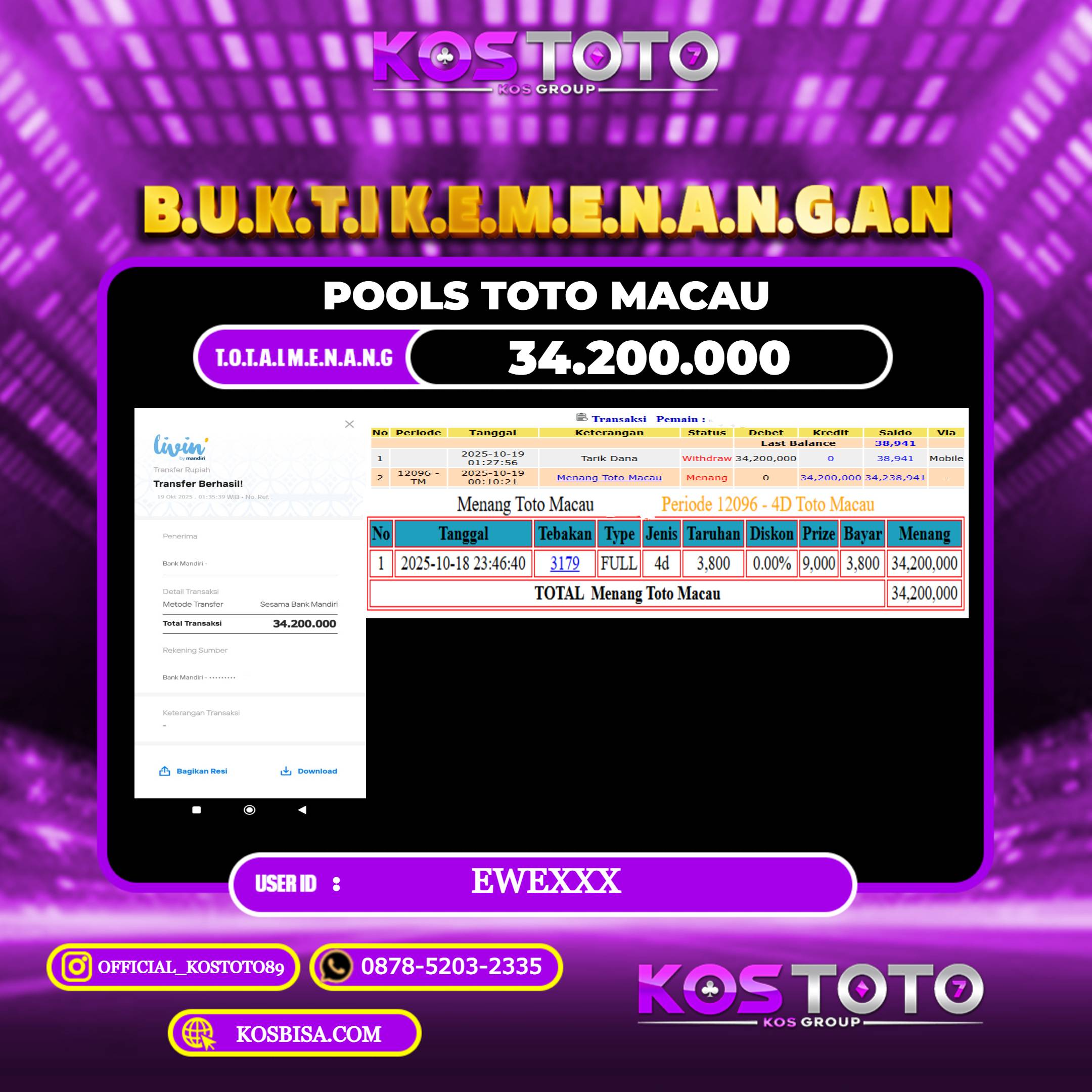 KOSTOTO JACKPOT TOGEL TOTOMACAU RP.34.200.000,- LUNAS USER ID : EWE***	