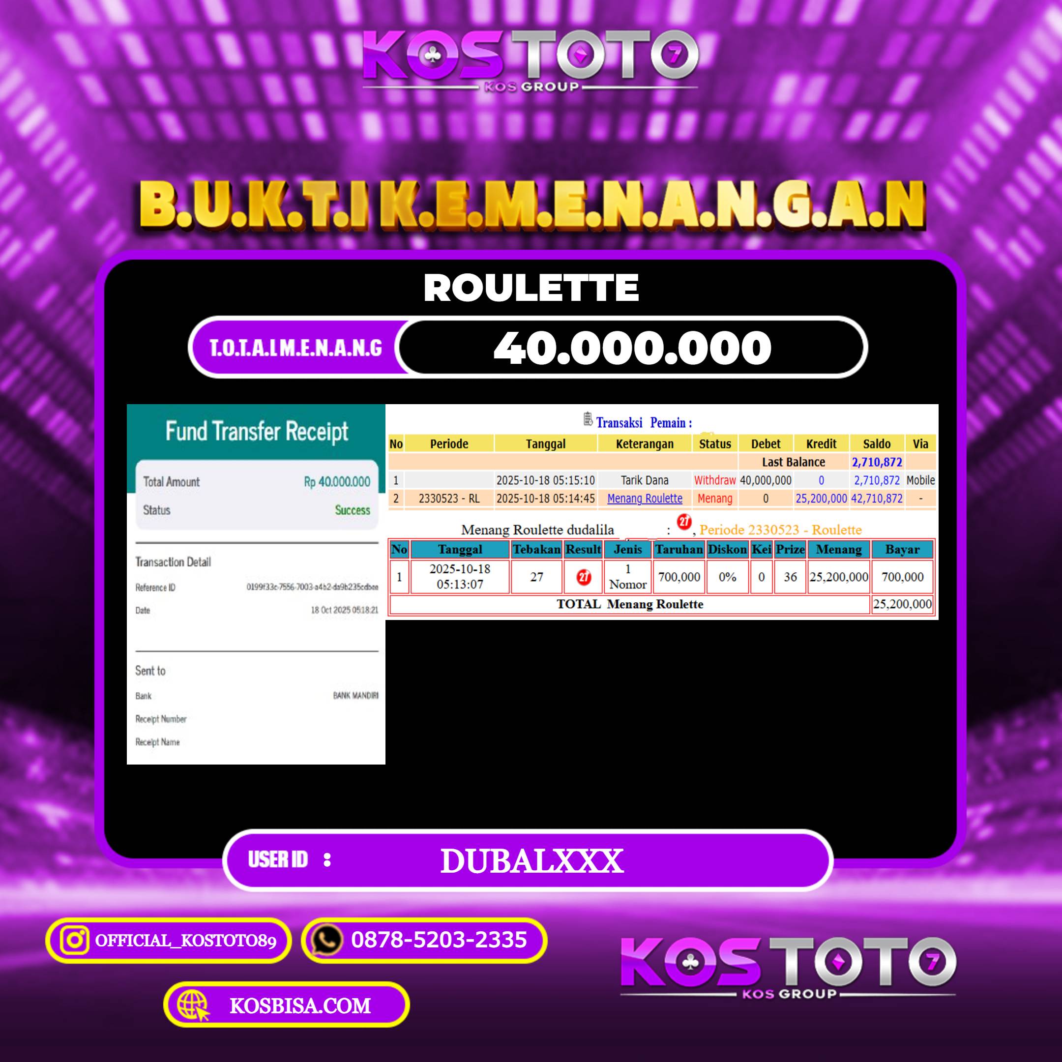 KOSTOTO JACKPOT CASINO ROULETTE RP.40.000.000,- LUNAS USER ID : DUBAL***	