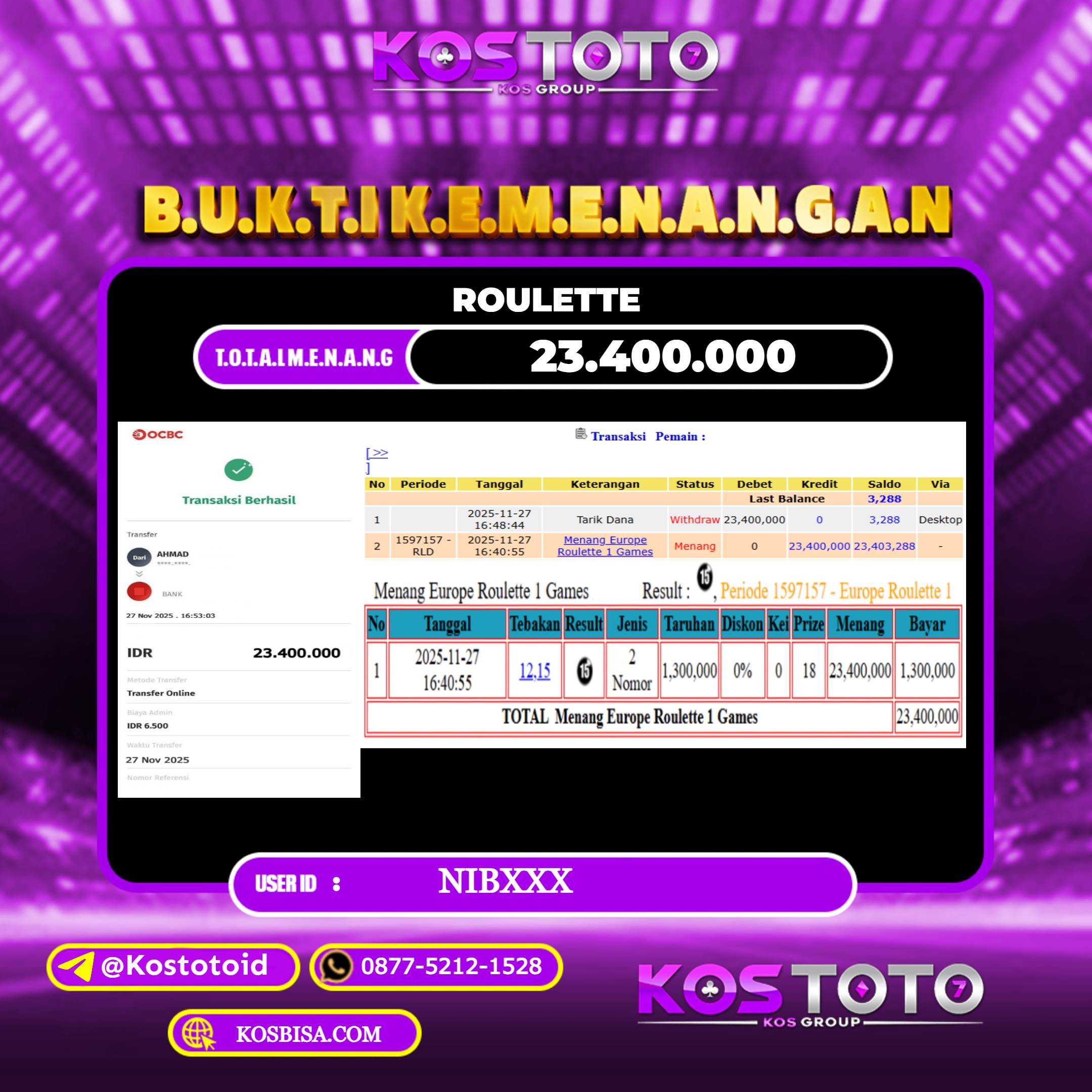 KOSTOTO JACKPOT CASINO ROULETTE RP.23.400.000,- LUNAS USER ID : NIB***	