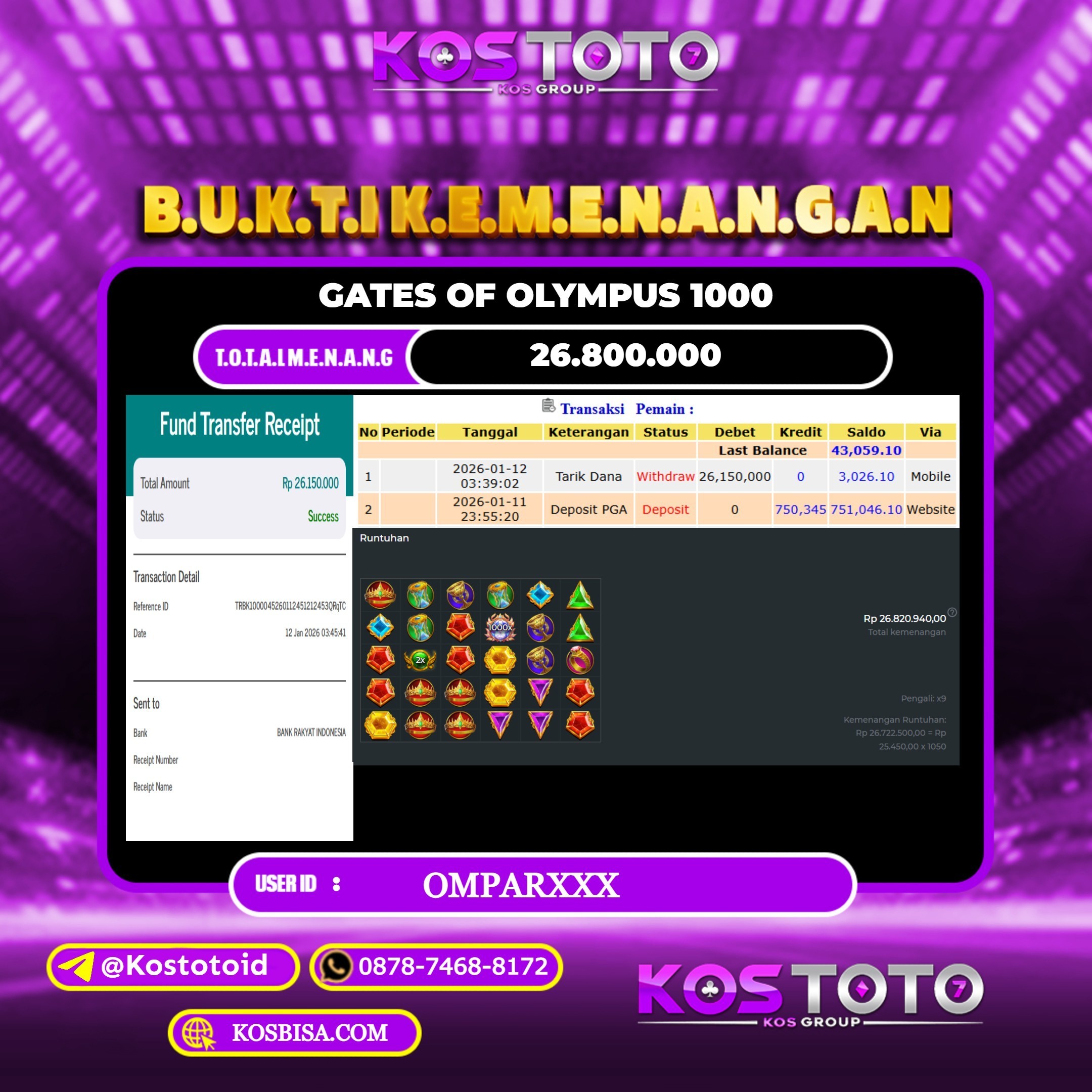 KOSTOTO JACKPOT SLOT GATES OF OLYMPUS 1000 RP.26.800.000,- LUNAS USER ID : OMPAR***