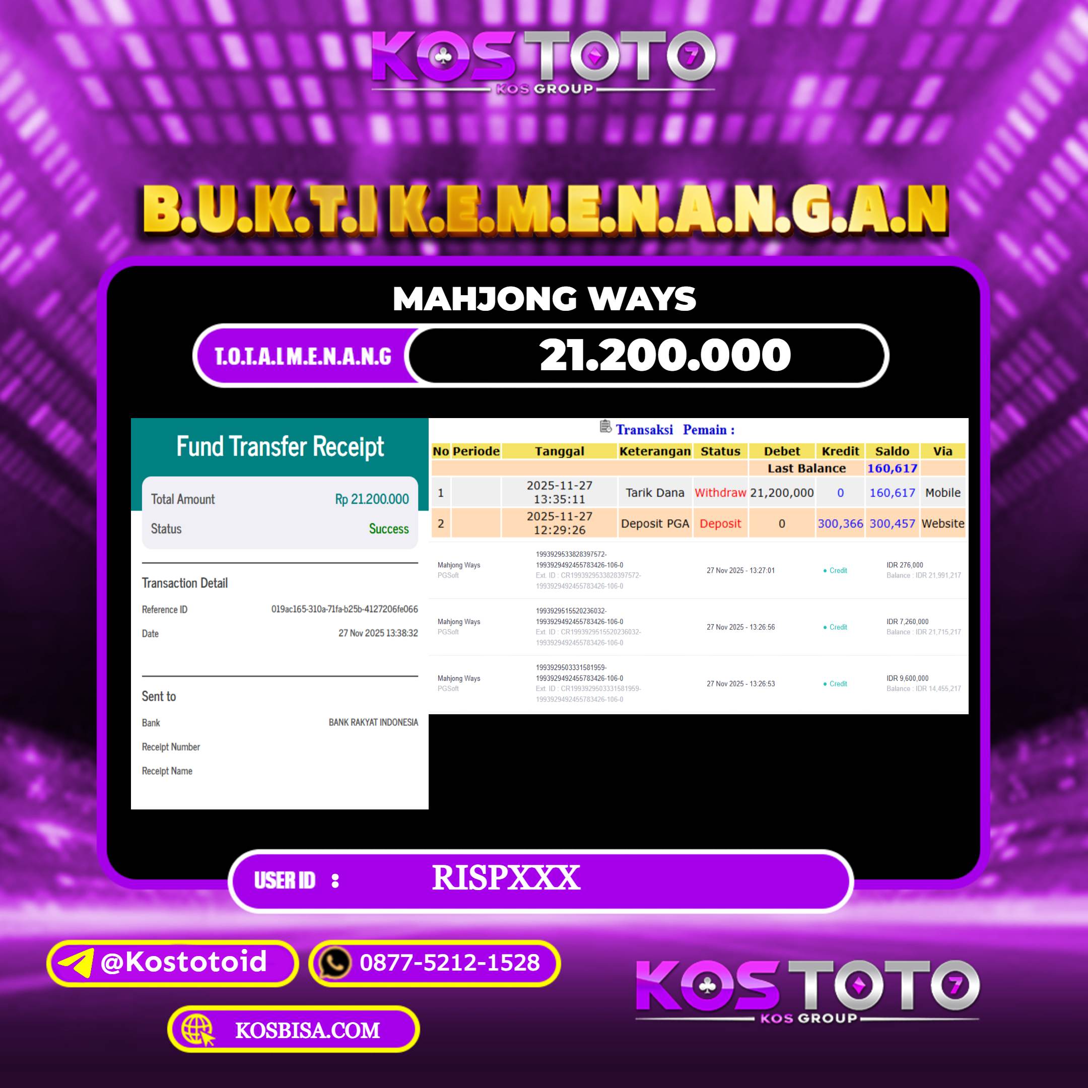 KOSTOTO JACKPOT SLOT MAHJONG WAYS RP.21.200.000,- LUNAS USER ID : RISP***	